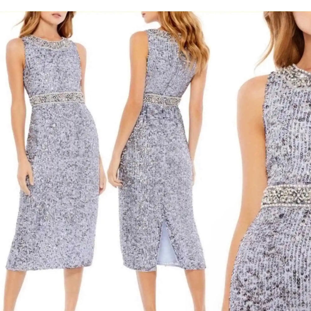 NWOT Mac Duggal Steel Sequined Jewel Neck Sheath Breaded Dress sz 8